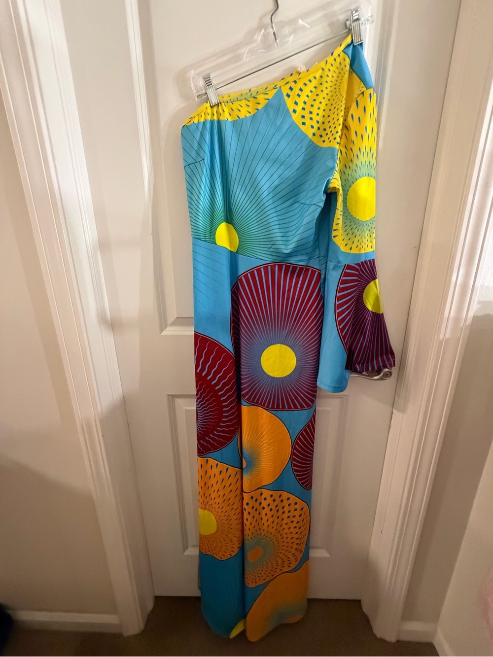 One-Shoulder Turquoise Floral Print Maxi Dress
